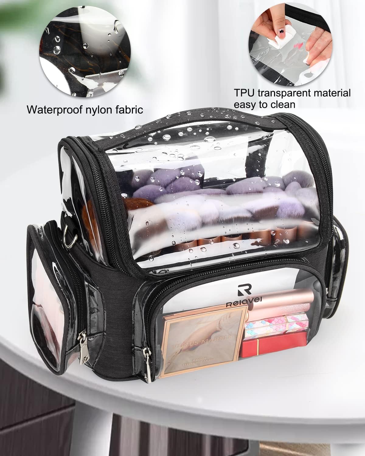 Makeup Brush Case, Large Makeup Brush Holder Professional Makeup Artist Travel Case Clear Waterproof Cosmetic Organizer Bag, Full Open Easy to Access, with Adjustable Strap and Dividers - Image 8