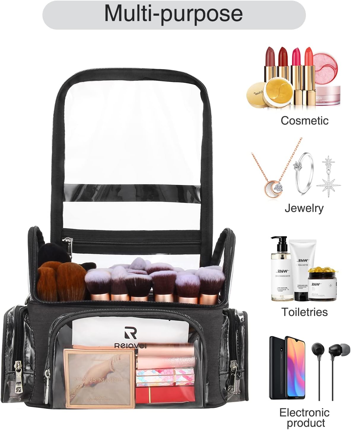 Makeup Brush Case, Large Makeup Brush Holder Professional Makeup Artist Travel Case Clear Waterproof Cosmetic Organizer Bag, Full Open Easy to Access, with Adjustable Strap and Dividers - Image 7