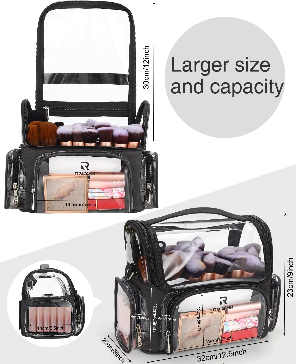 Makeup Brush Case, Large Makeup Brush Holder Professional Makeup Artist Travel Case Clear Waterproof Cosmetic Organizer Bag, Full Open Easy to Access, with Adjustable Strap and Dividers - Image 4