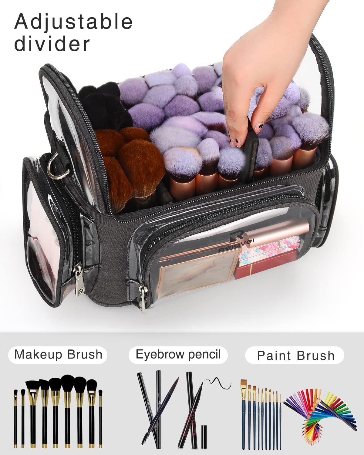 Makeup Brush Case, Large Makeup Brush Holder Professional Makeup Artist Travel Case Clear Waterproof Cosmetic Organizer Bag, Full Open Easy to Access, with Adjustable Strap and Dividers - Image 3