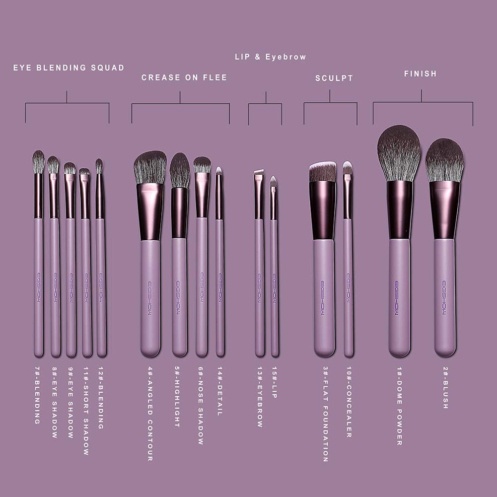 Makeup Brush Set, EIGSHOW Professional Makeup Brushes Kit Foundation Powder Concealers Eye Shadows Makeup 15 Piece for Eye Face Liquid Cream Cosmetics Brushes Kit, Gift for Women, Travel Set(Purple) - Image 2