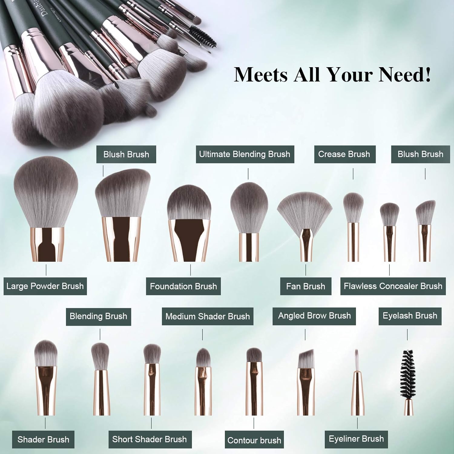 Makeup Brushes, Daubigny 16Pcs Complete Green Premium Synthetic Makeup Brush Set with Professional Foundation Brushes Powder Concealers Eye shadows Blush Makeup Brush for Perfect Makeup - Image 3
