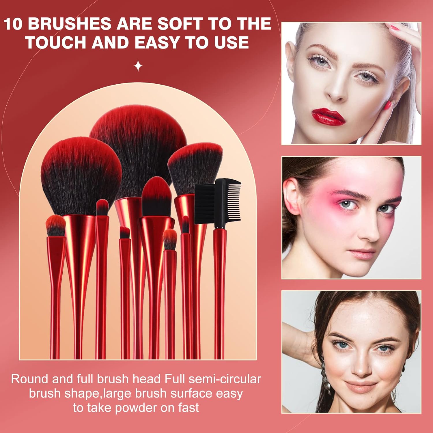 Makeup Brushes Set Makeup Foundation Brush Advanced Foundation Blush Contour Foundation Concealer Eye Shadow Brush Makeup Set (Red) - Image 3