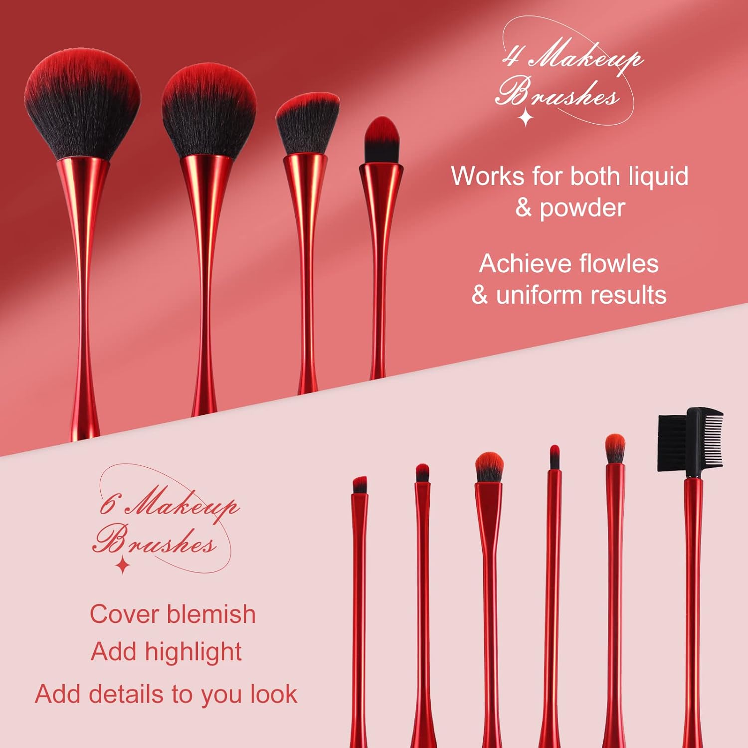 Makeup Brushes Set Makeup Foundation Brush Advanced Foundation Blush Contour Foundation Concealer Eye Shadow Brush Makeup Set (Red) - Image 2