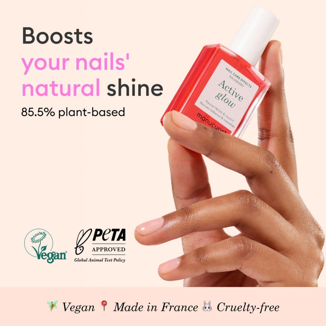Manucurist Active Glow Raspberry Nail Polish & Care - Ultra-Glowy 2 in 1 Nail Concealer & Care - Plant-Based Ingredients: Sweet Almond Oil, Raspberry for Nourished Nail Rosy Mirror-Like Shine - Image 2