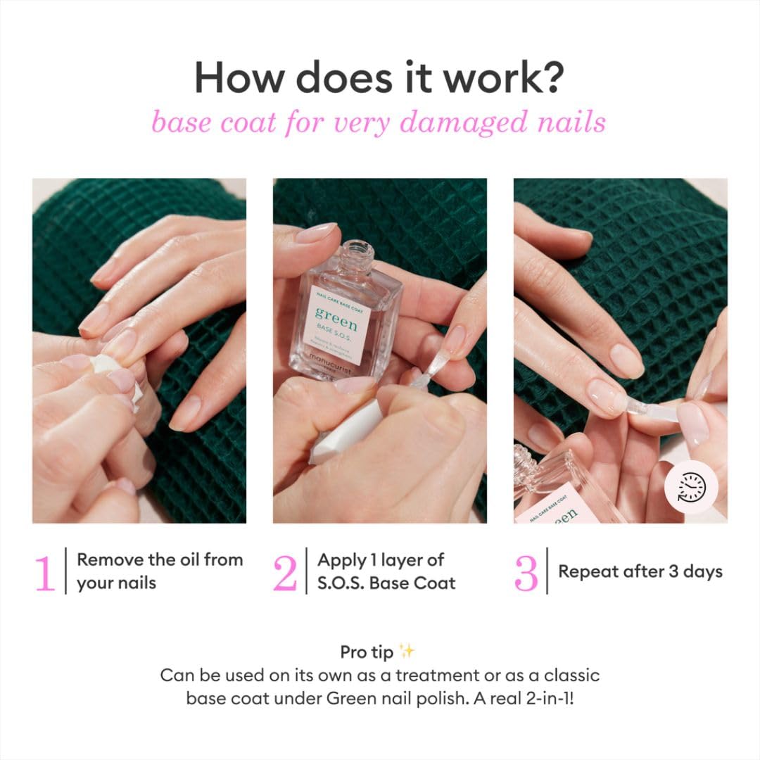 MANUCURIST - S.O.S. Base Coat - Enriched with Vitamins C and B5 - Nail Fortifier - Repairs and Strengthens - Care for Very Damaged Nails - Vegan, Up to 78% Plant-Based - 0.5 fl oz - Image 5
