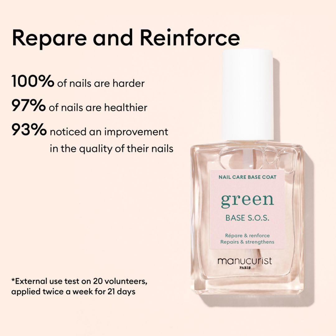 MANUCURIST - S.O.S. Base Coat - Enriched with Vitamins C and B5 - Nail Fortifier - Repairs and Strengthens - Care for Very Damaged Nails - Vegan, Up to 78% Plant-Based - 0.5 fl oz - Image 2
