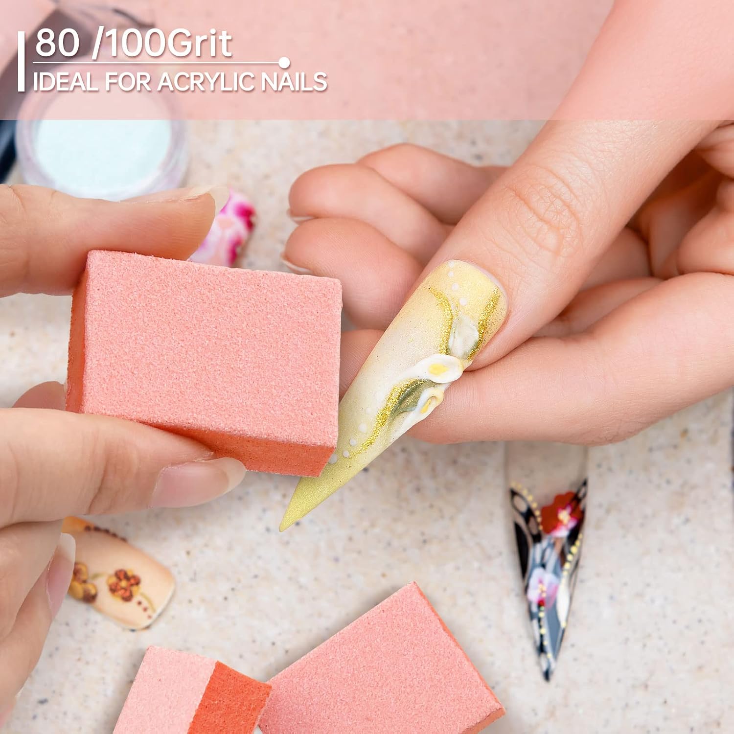 Maryton Mini Nail Buffer Blocks - 80/100 Grit Professional Salon Orange Buffers - Buff Nails Prior to Application of Gel Polish, Acrylic, 50 Count - Image 4