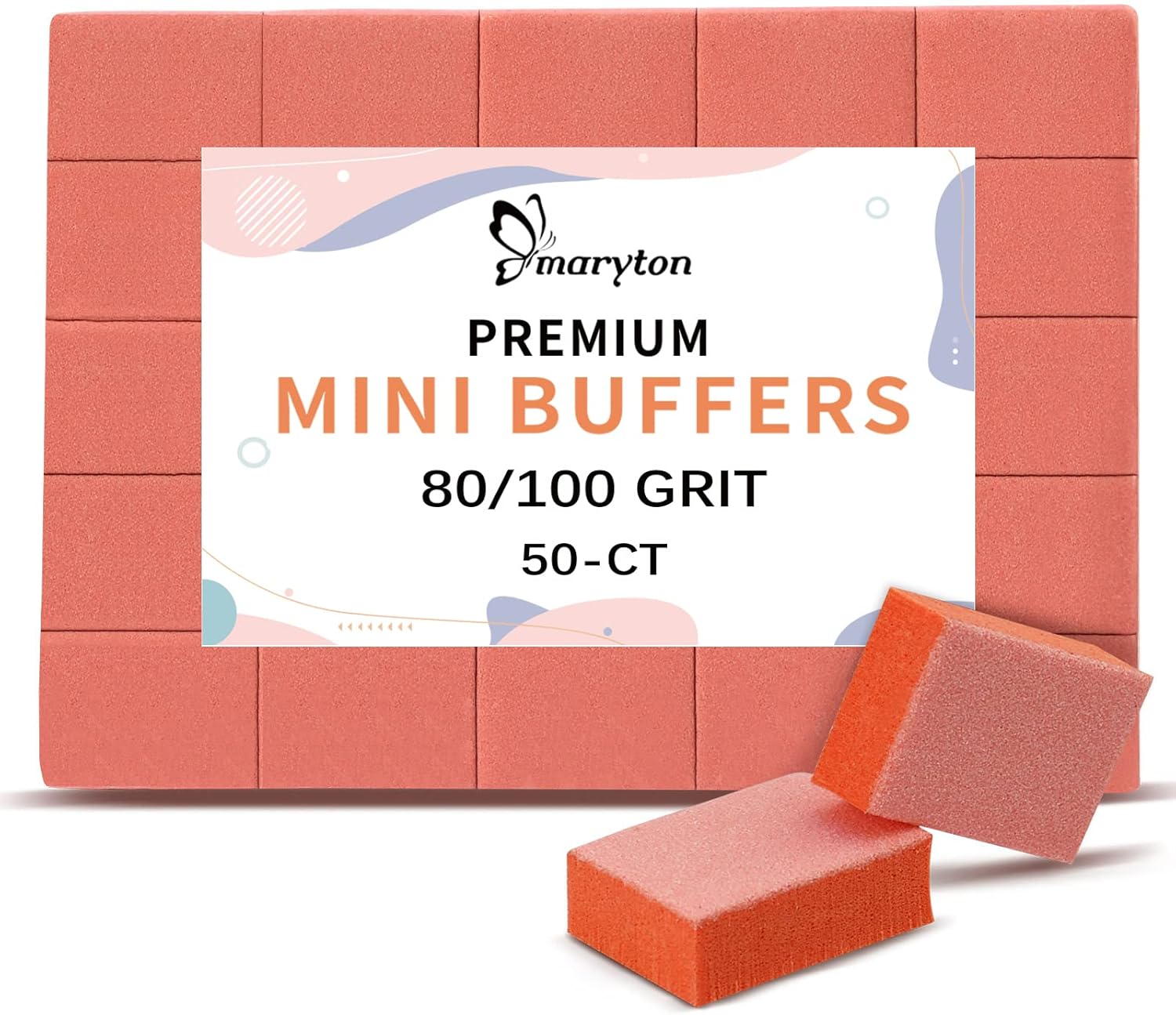 Maryton Mini Nail Buffer Blocks - 80/100 Grit Professional Salon Orange Buffers - Buff Nails Prior to Application of Gel Polish, Acrylic, 50 Count