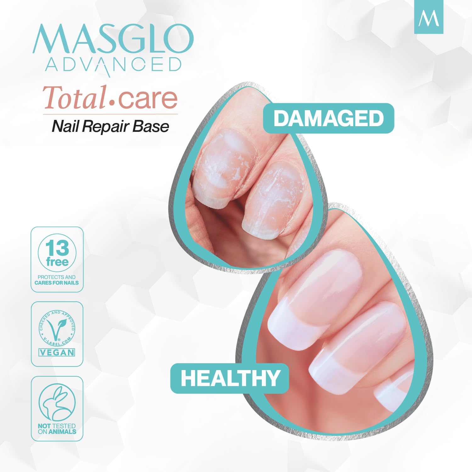 MASGLO Advanced Nail Recovery Base, Strengthening & Thickening Treatment, Fast-Drying Total Care Formula, Tea Tree Oil + Plant Proteins, Vitamin-Enriched Hydrating Base Coat, Nude Tone Color & Shine - Image 2