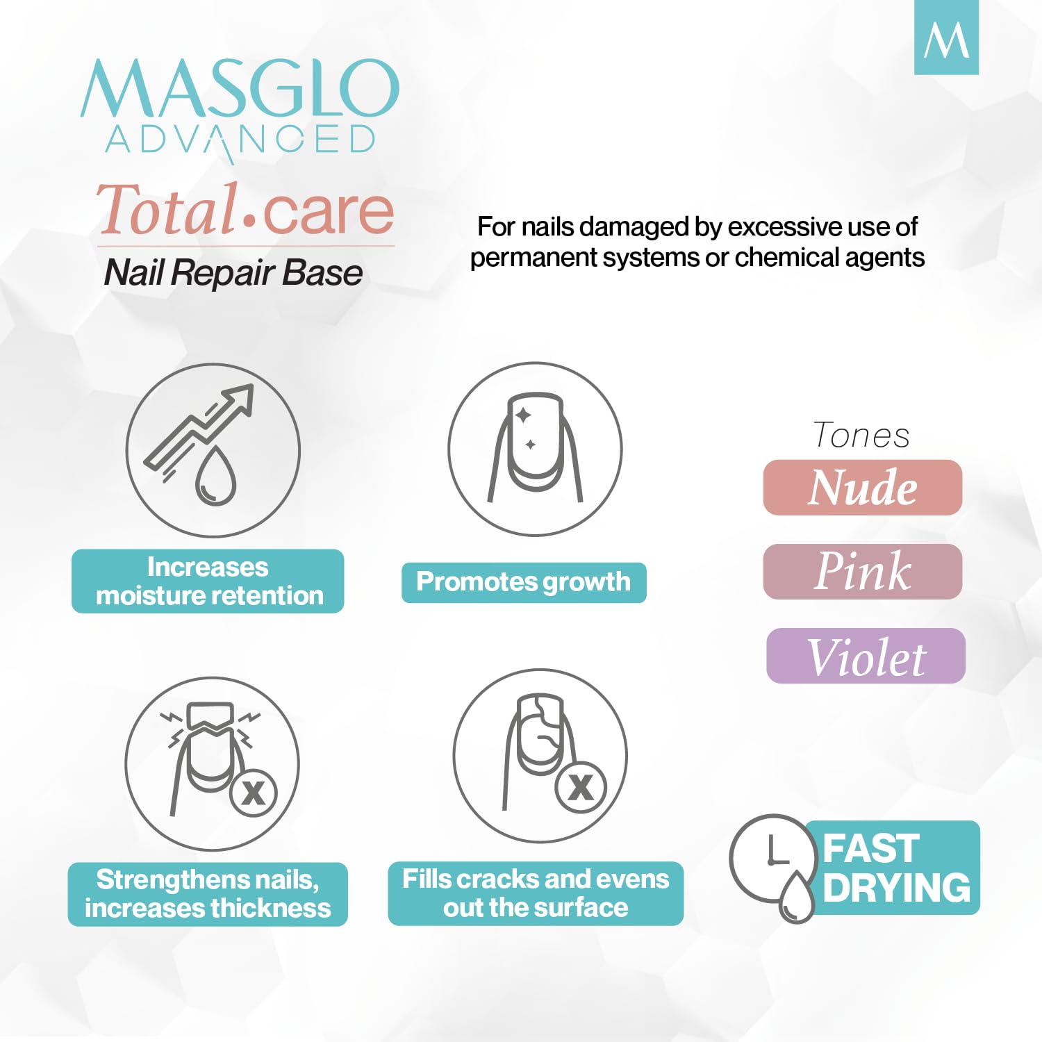 MASGLO Advanced Nail Recovery Base, Strengthening & Thickening Treatment, Fast-Drying Total Care Formula, Tea Tree Oil + Plant Proteins, Vitamin-Enriched Hydrating Base Coat, Nude Tone Color & Shine - Image 3