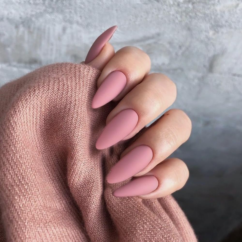 Matte Pink Press on Nails Medium Stiletto Almond,KQueenest Acrylic Nails Reusable Fake Nails Press ons with Feature Protective Coating for Women in 24PCS - Image 2