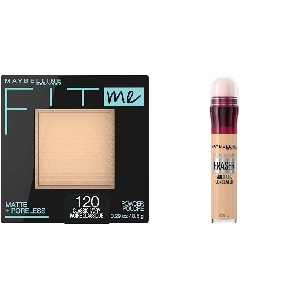 Maybelline Fit Me Matte + Poreless Pressed Face Powder Makeup & Setting Powder, Classic Ivory, 1 Count & Instant Age Rewind Eraser Dark Circles Treatment Multi-Use Concealer, 120, 1 Count
