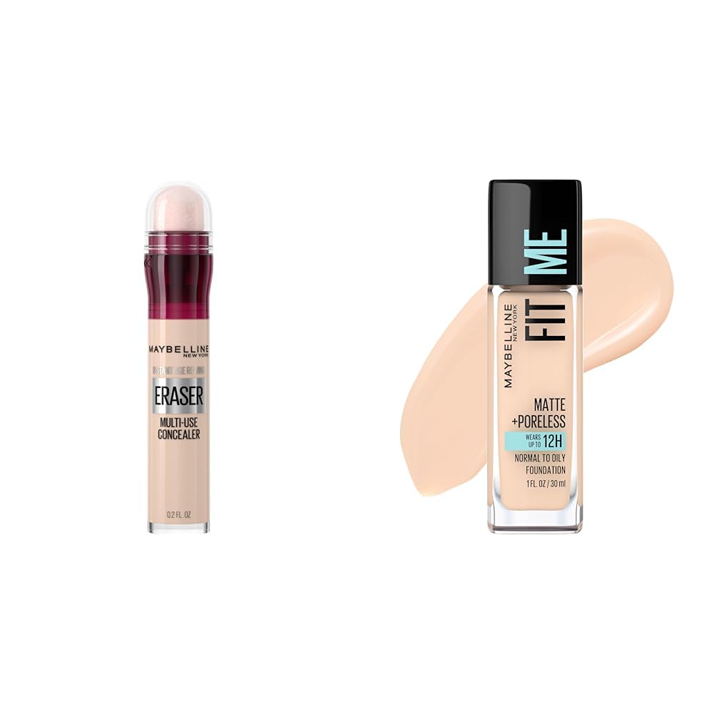 Maybelline Instant Age Rewind Eraser Dark Circles Treatment Multi-Use Concealer,110 & Fit Me Matte + Poreless Liquid Oil-Free Foundation Makeup, Natural Ivory