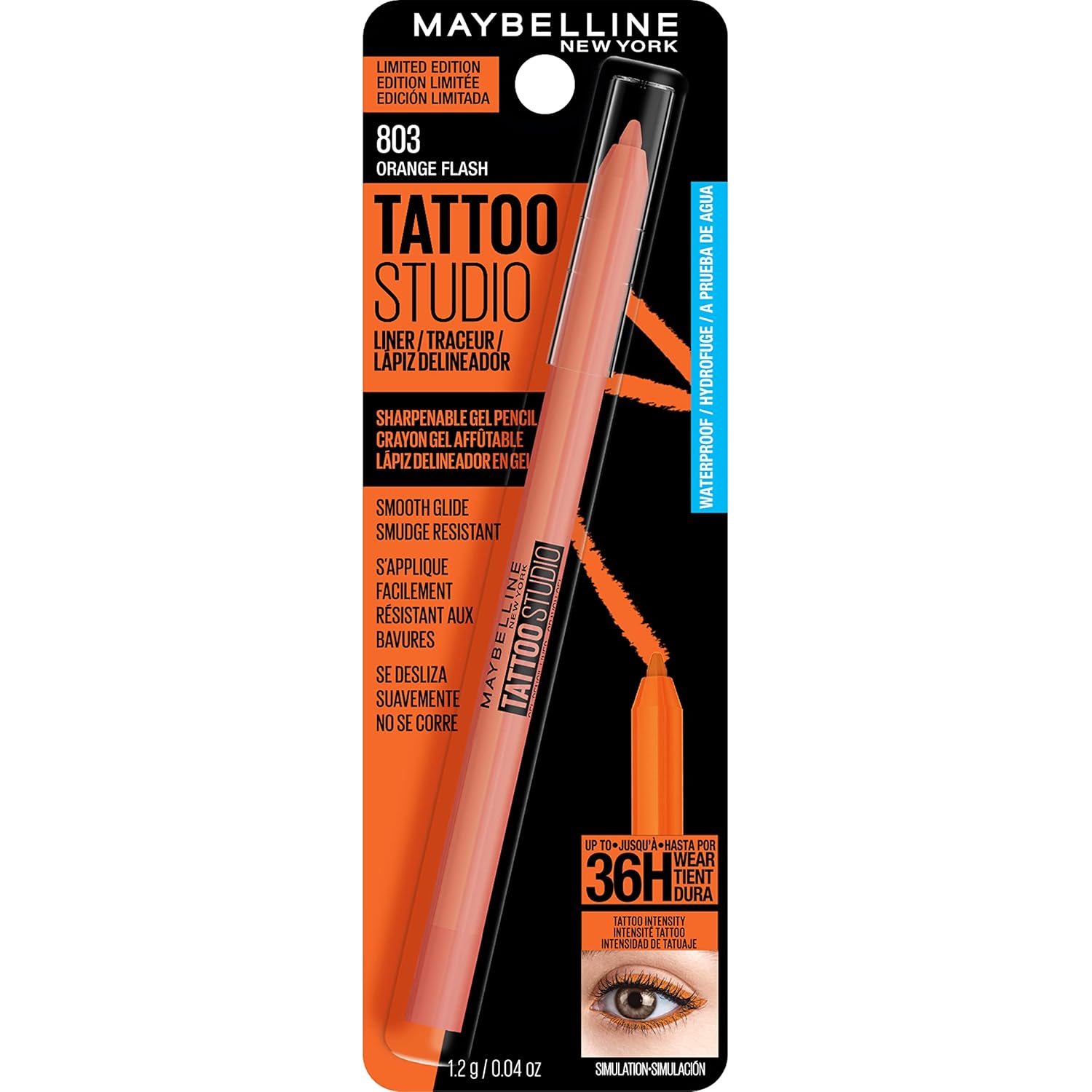MAYBELLINE New York Tattoo Studio Long-Lasting Sharpenable Eyeliner Pencil, Glide on Smooth Gel Pigments with 36 Hour Wear, Waterproof Orange Flash 0.04 oz - Image 6