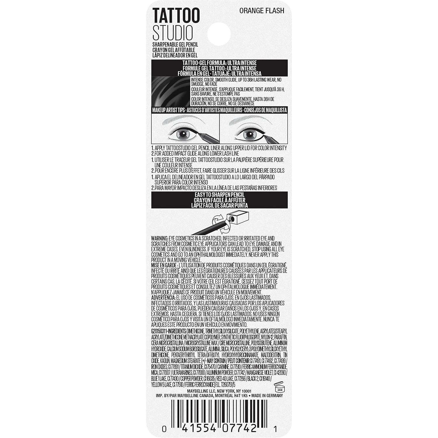 MAYBELLINE New York Tattoo Studio Long-Lasting Sharpenable Eyeliner Pencil, Glide on Smooth Gel Pigments with 36 Hour Wear, Waterproof Orange Flash 0.04 oz - Image 7