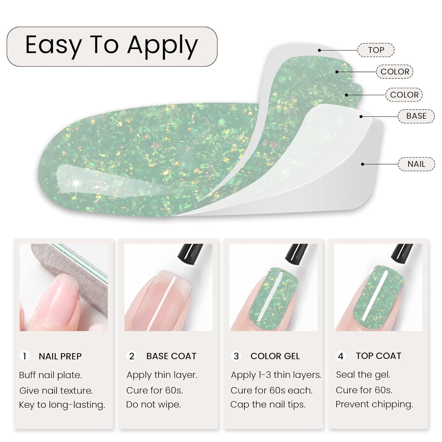 MAYCHAO 15ML Light Green Glitter Gel Nail Polish 1Pc Green Shimmer Gel Polish Soak Off UV LED Nail Polish Nail Art Starter Manicure Salon DIY at Home, 0.5 OZ - Image 6