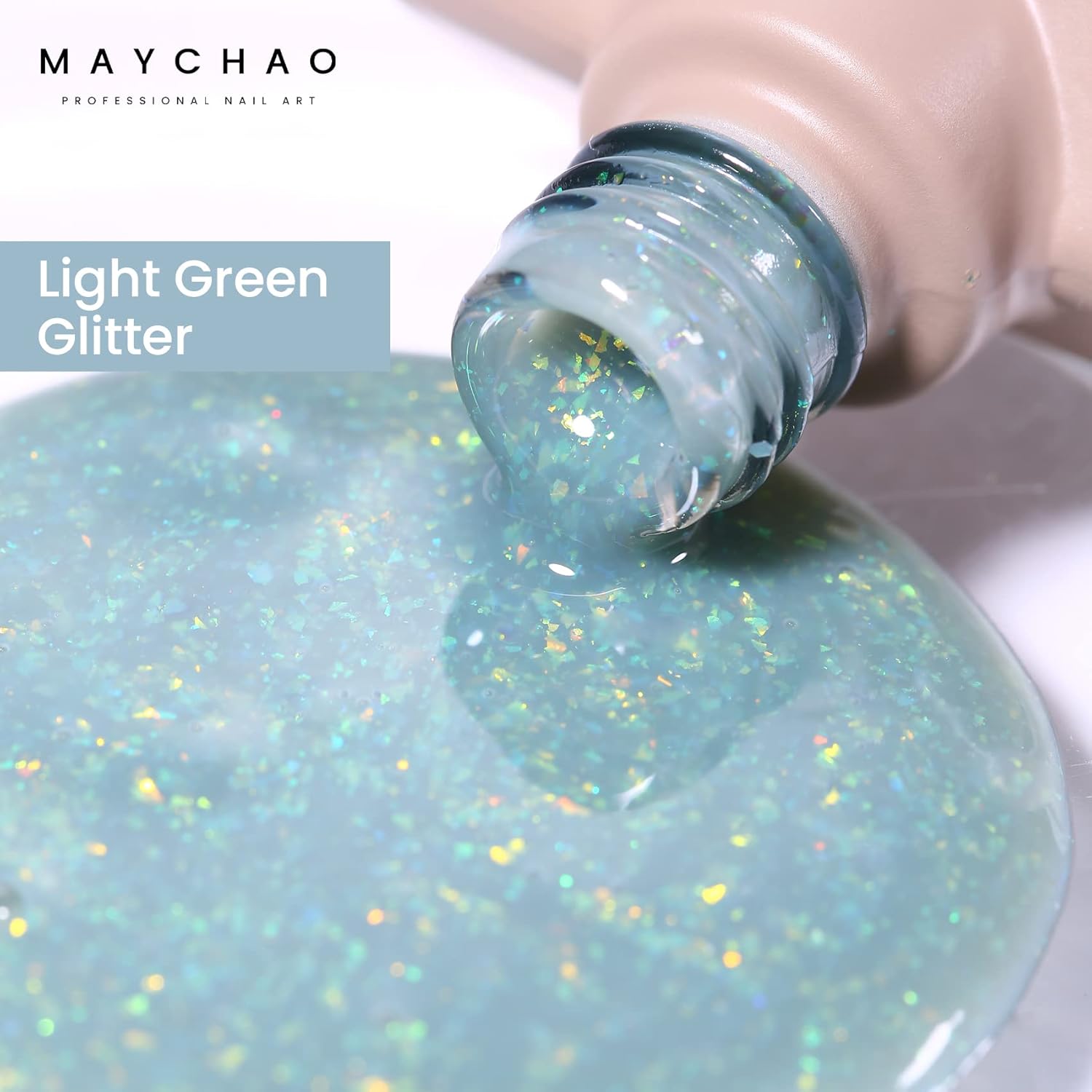 MAYCHAO 15ML Light Green Glitter Gel Nail Polish 1Pc Green Shimmer Gel Polish Soak Off UV LED Nail Polish Nail Art Starter Manicure Salon DIY at Home, 0.5 OZ - Image 2