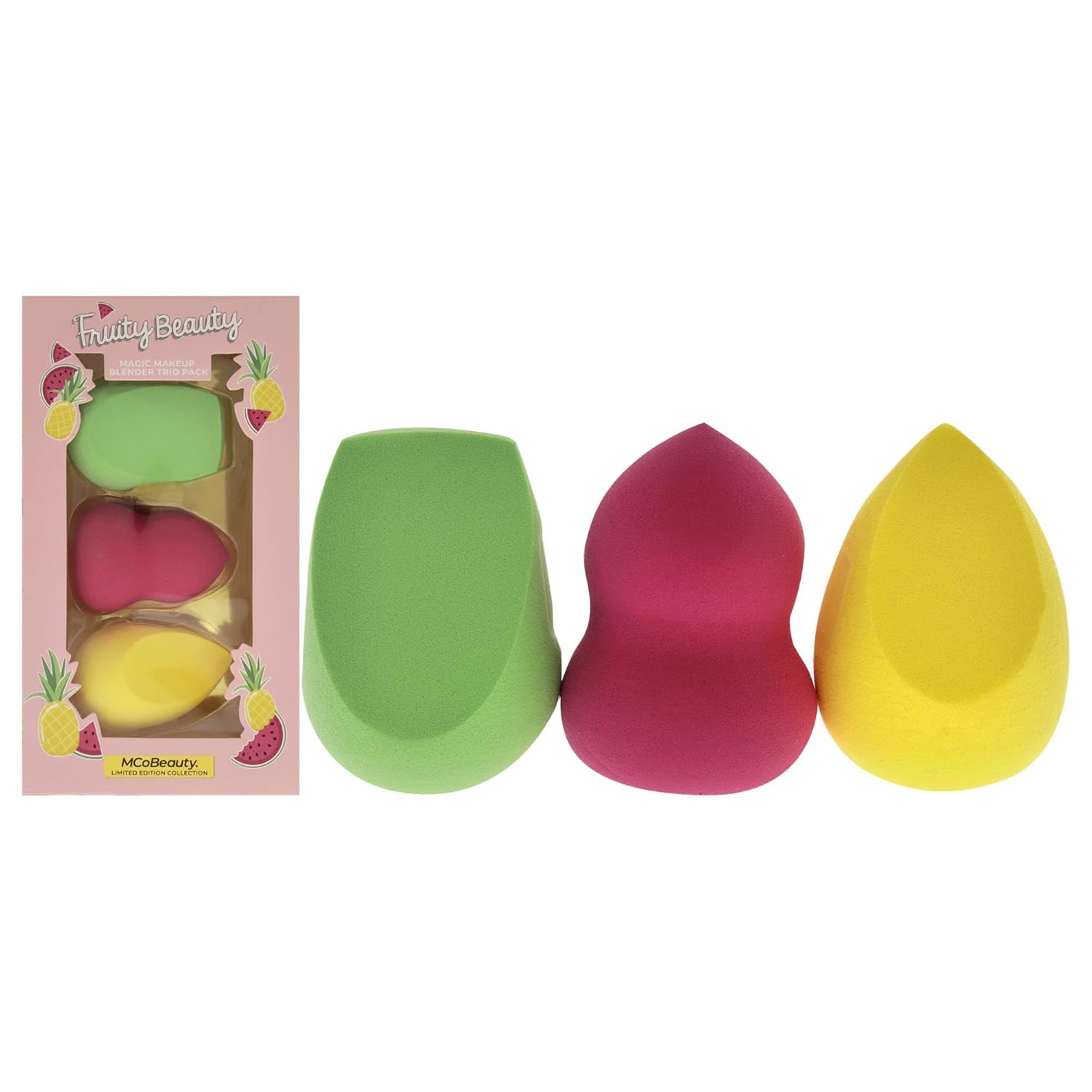 MCoBeauty Fruity Beauty Magic Makeup Blender Trio Pack - Latex-Free Sponges - Blends, Presses And Fine-Tunes Makeup On Your Skin - Tapered Sponge, Hourglass Sponge And Teardrop Sponge - 3 Pc