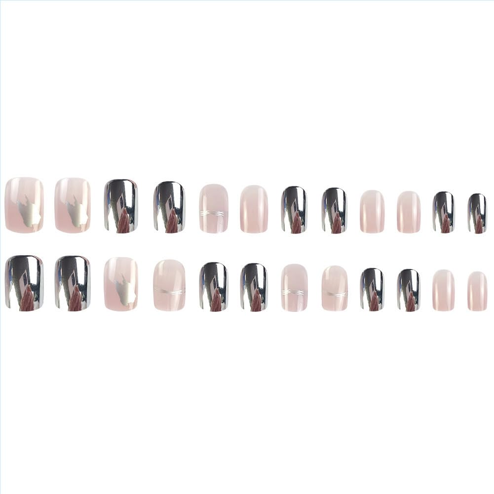 Medium Chrome Mirror Press on Square Nails - 24pcs Clear Acrylic Artificial Stick on Nails for Women - Image 5