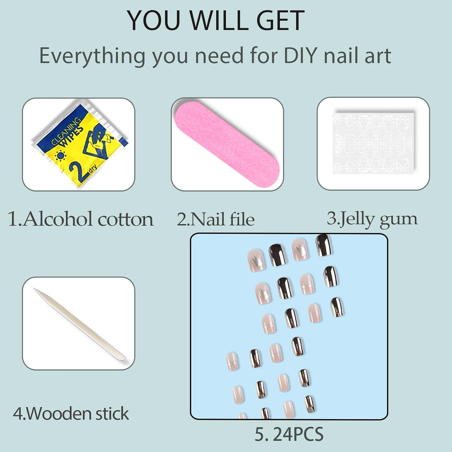 Medium Chrome Mirror Press on Square Nails - 24pcs Clear Acrylic Artificial Stick on Nails for Women - Image 6