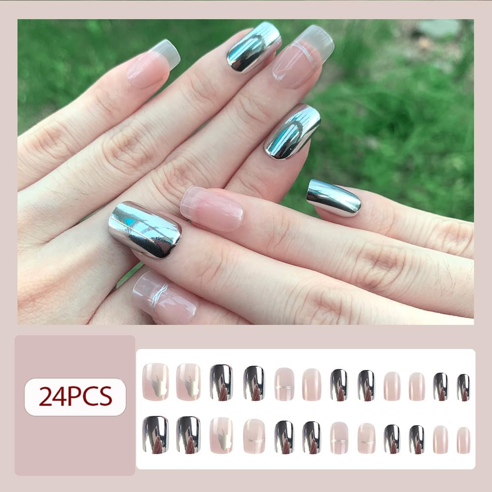 Medium Chrome Mirror Press on Square Nails - 24pcs Clear Acrylic Artificial Stick on Nails for Women - Image 2