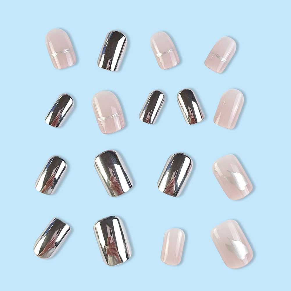Medium Chrome Mirror Press on Square Nails - 24pcs Clear Acrylic Artificial Stick on Nails for Women - Image 4