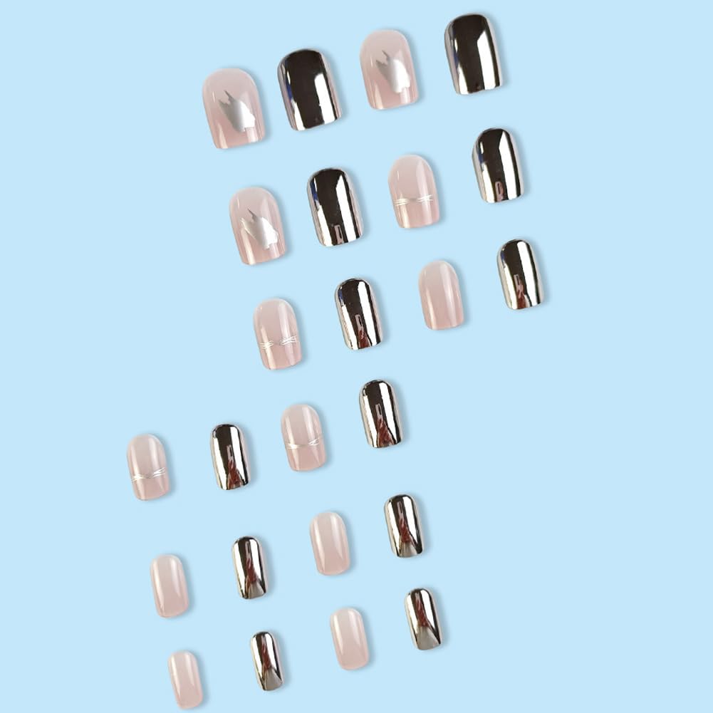 Medium Chrome Mirror Press on Square Nails - 24pcs Clear Acrylic Artificial Stick on Nails for Women - Image 3