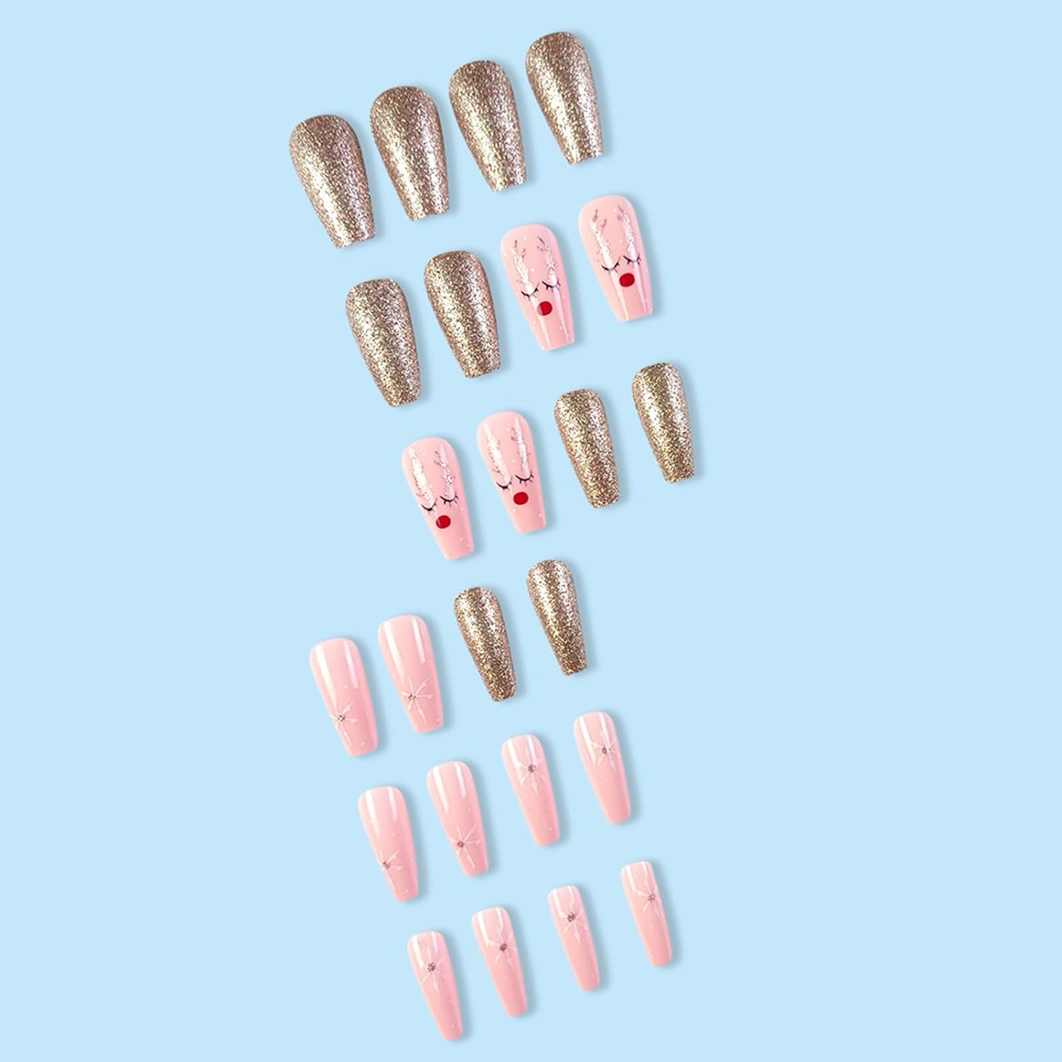 Medium Coffin Press on Nails Christmas Snowflake Elk Pink Fake Nails Full Cover Glossy Acrylic Stick on Nails Cute False Nails for Women Girls DIY Fingernails Decor 24Pcs - Image 3