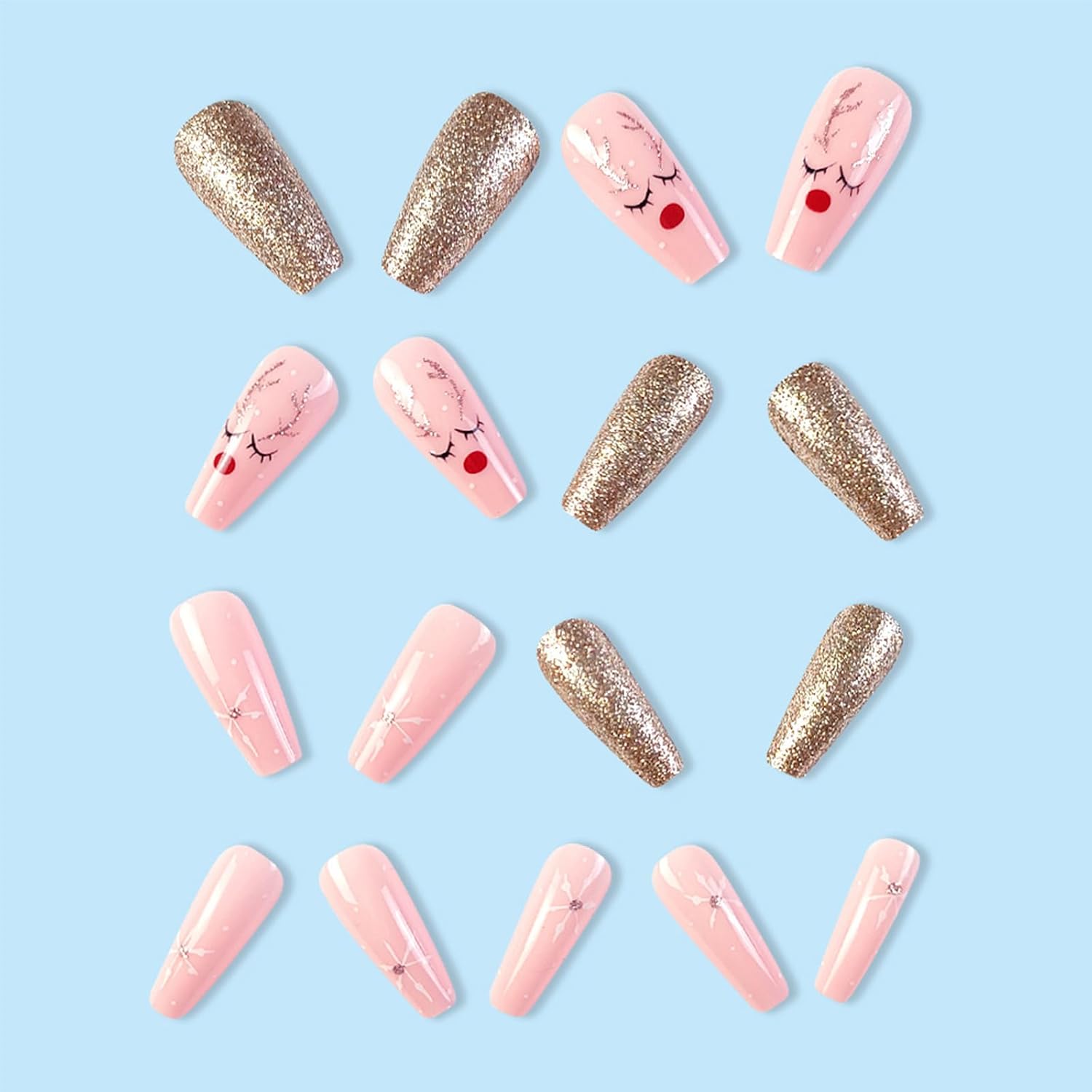 Medium Coffin Press on Nails Christmas Snowflake Elk Pink Fake Nails Full Cover Glossy Acrylic Stick on Nails Cute False Nails for Women Girls DIY Fingernails Decor 24Pcs - Image 4