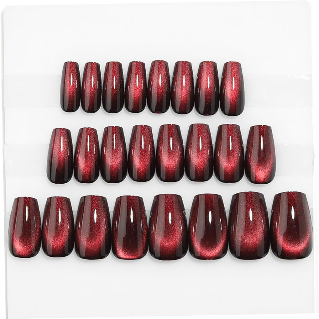 Medium Coffin Press on Nails, Wine Red Cat Eye Press on Nails, Fashion Gel Fake Nails, Reusable Acrylic Fake Nails, Glossy Stick on Nails for Women Gift, Glue on Nails Kit 24 Pcs, Midnight Blaze - Image 5