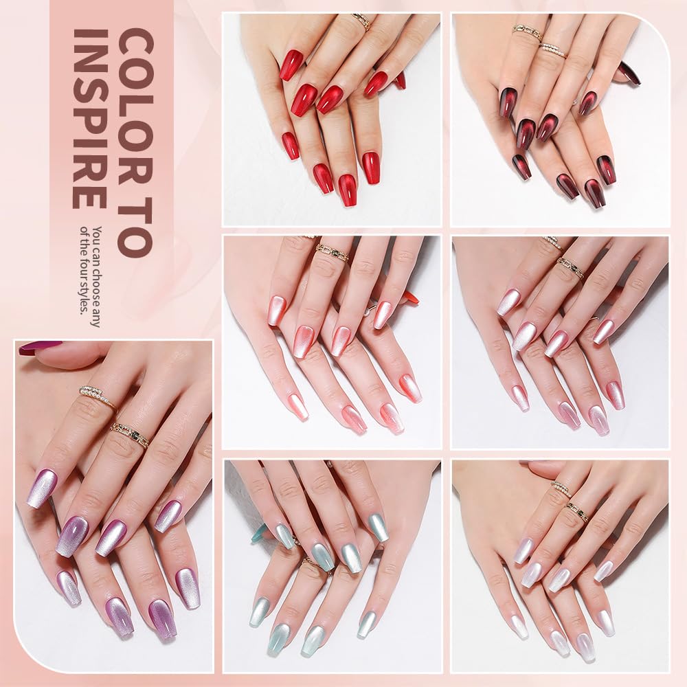 Medium Coffin Press on Nails, Wine Red Cat Eye Press on Nails, Fashion Gel Fake Nails, Reusable Acrylic Fake Nails, Glossy Stick on Nails for Women Gift, Glue on Nails Kit 24 Pcs, Midnight Blaze - Image 6