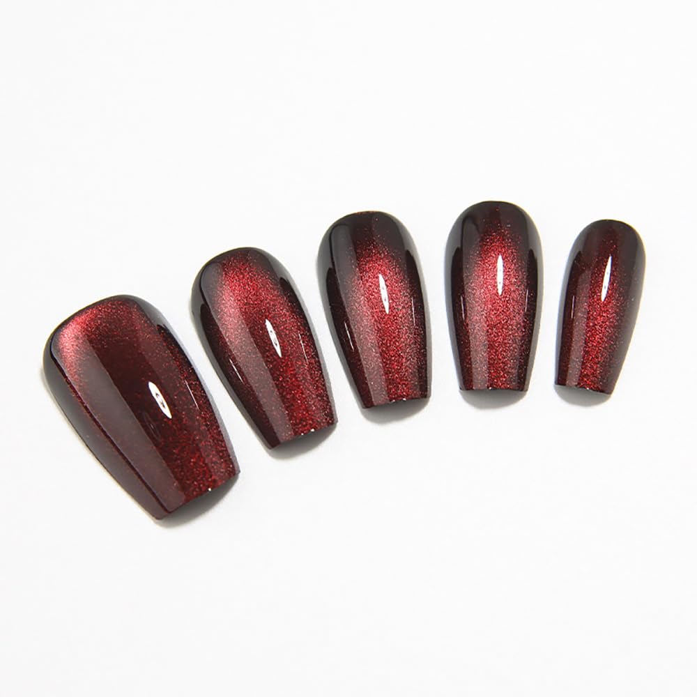 Medium Coffin Press on Nails, Wine Red Cat Eye Press on Nails, Fashion Gel Fake Nails, Reusable Acrylic Fake Nails, Glossy Stick on Nails for Women Gift, Glue on Nails Kit 24 Pcs, Midnight Blaze - Image 4
