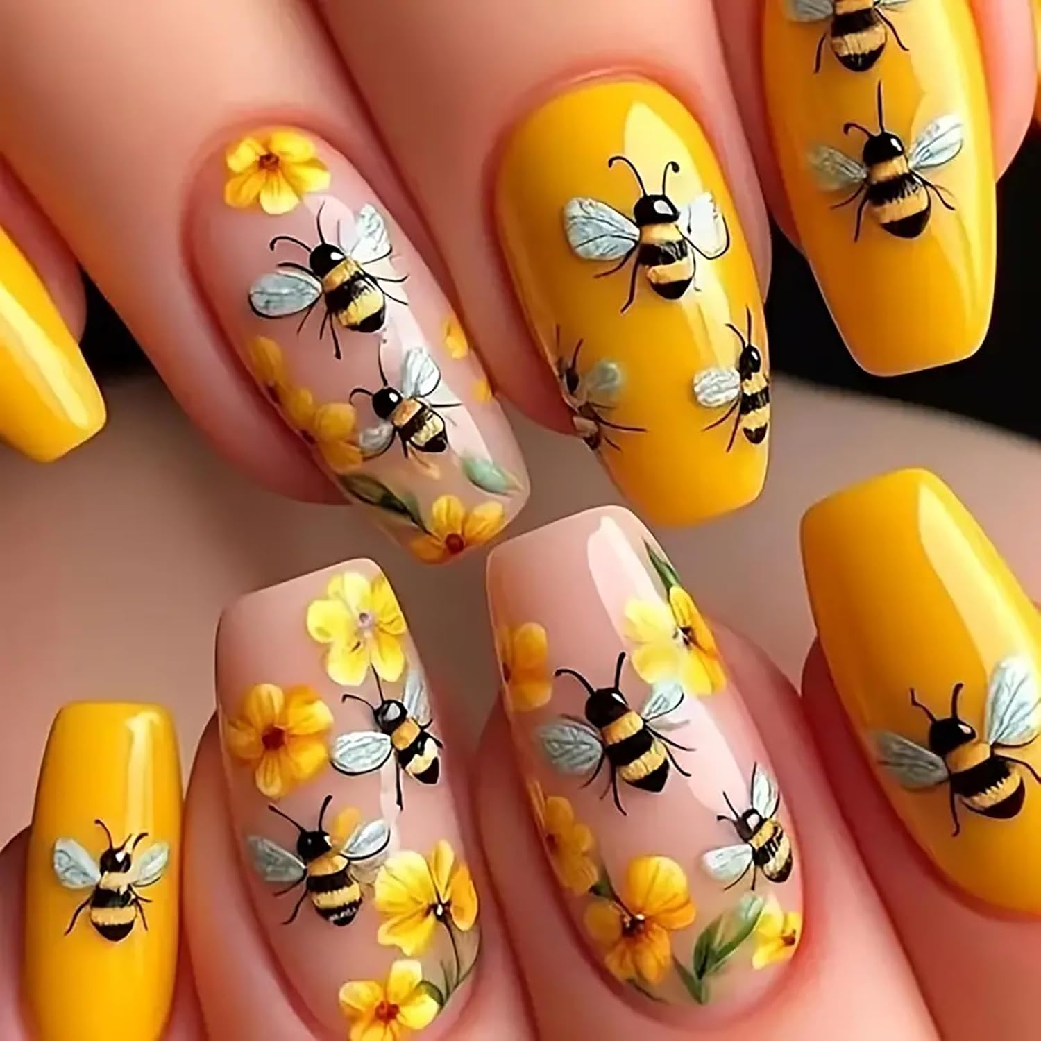 24Pcs Summer Press on Nails 3D Cute Bee Design Fake Nails Medium Coffin False Nails Yellow Flower Press on Nails Reusable Stick on Nails Glossy Acrylic Nails for Women Spring Summer Nail Art
