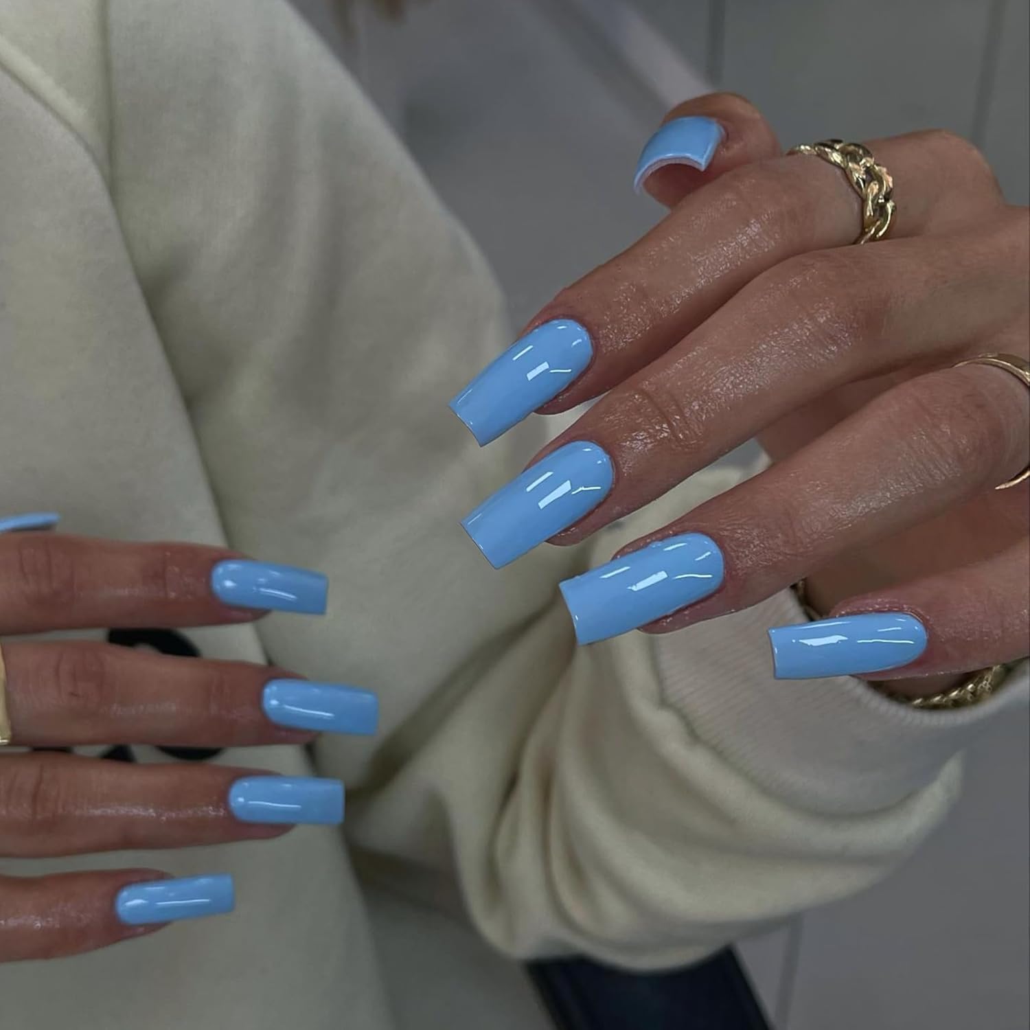 Medium Long Press On Nails Coffin Nails Press Ons Gloss, KQueenest Baby Blue Color Full Cover Long Fake Nails For Women, Thick Gel Square Tip Nails Acrylic False Nails Set, 24 Pcs