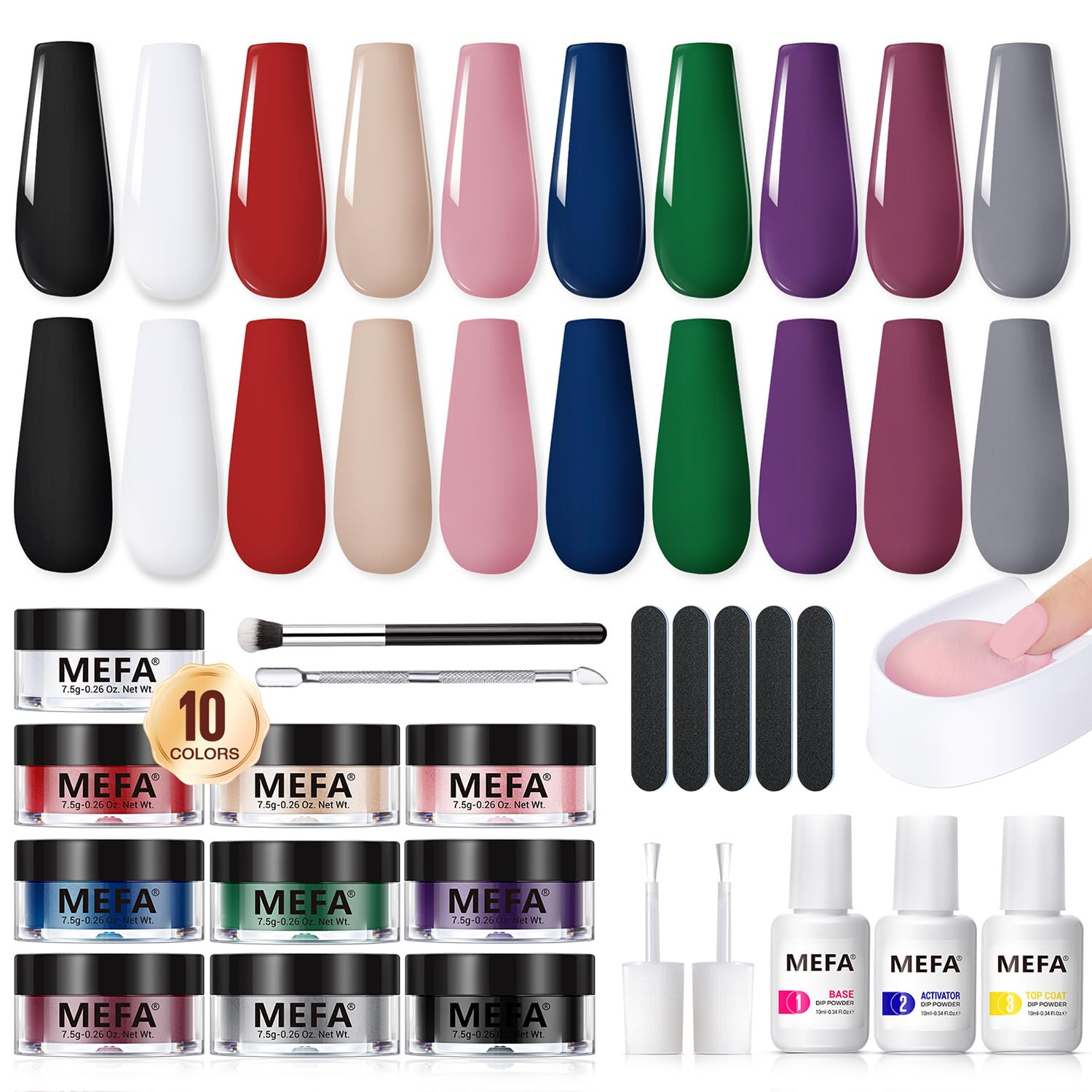 MEFA Dip Powder Nail Kit White Nude Black Red Blue Pink Purple Gray 10 Colors Dipping Powder with Base Top Coat Activator Liquid Set Recycling Tray, All-match Tones French Nail Art Manicure Salon