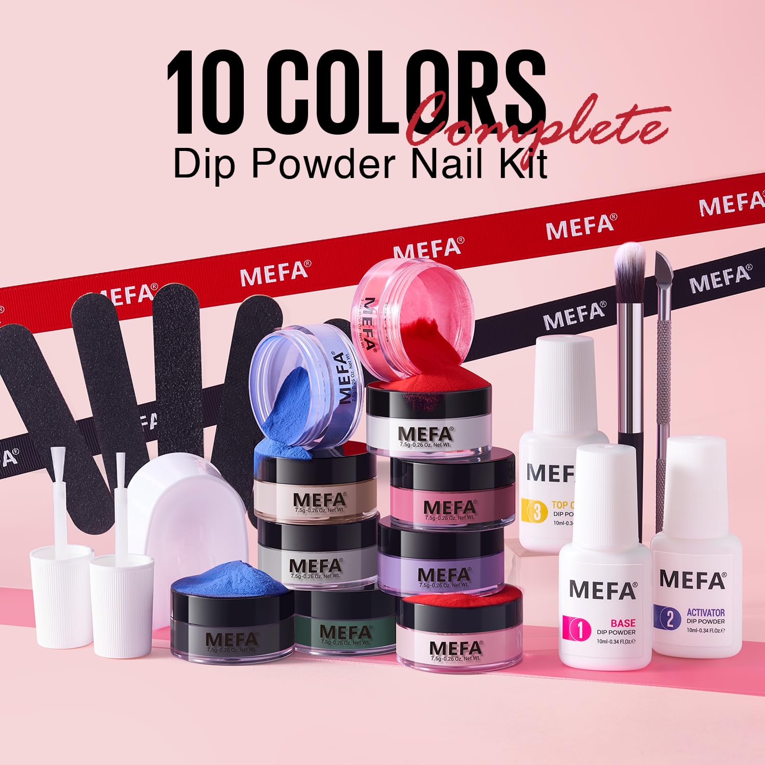MEFA Dip Powder Nail Kit White Nude Black Red Blue Pink Purple Gray 10 Colors Dipping Powder with Base Top Coat Activator Liquid Set Recycling Tray, All-match Tones French Nail Art Manicure Salon - Image 6