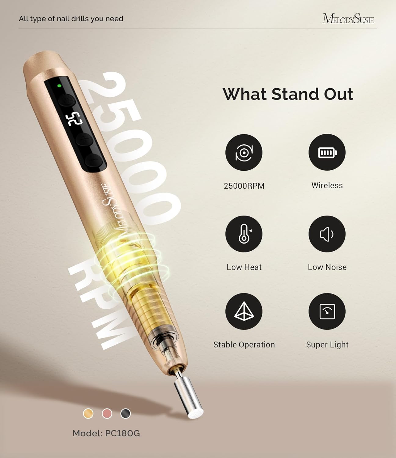 MelodySusie Electric Nail Drill - Cordless File for Acrylic Gel Nails, PC180G 25,000RPM Professional Portable Efile Manicure Pedicure Polishing Tool With Bits, Sanding Bands - Image 4