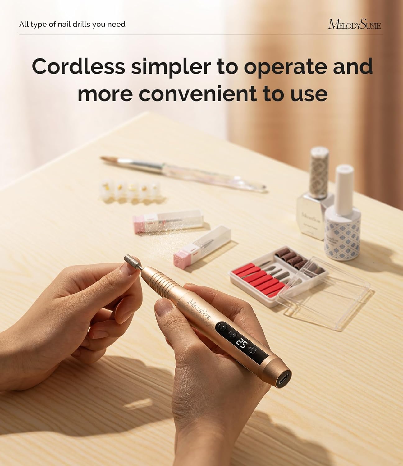 MelodySusie Electric Nail Drill - Cordless File for Acrylic Gel Nails, PC180G 25,000RPM Professional Portable Efile Manicure Pedicure Polishing Tool With Bits, Sanding Bands - Image 7