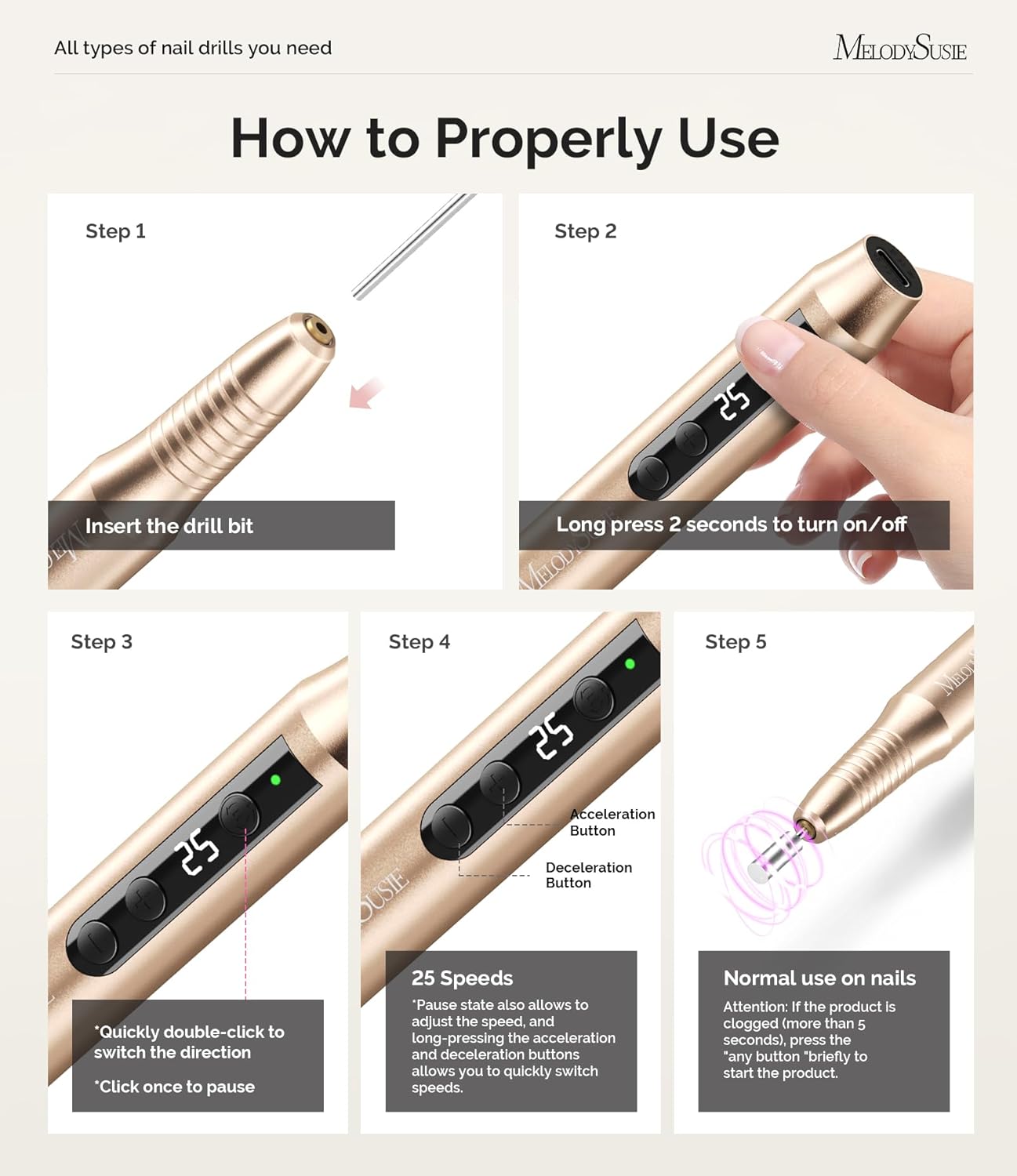 MelodySusie Electric Nail Drill - Cordless File for Acrylic Gel Nails, PC180G 25,000RPM Professional Portable Efile Manicure Pedicure Polishing Tool With Bits, Sanding Bands - Image 5
