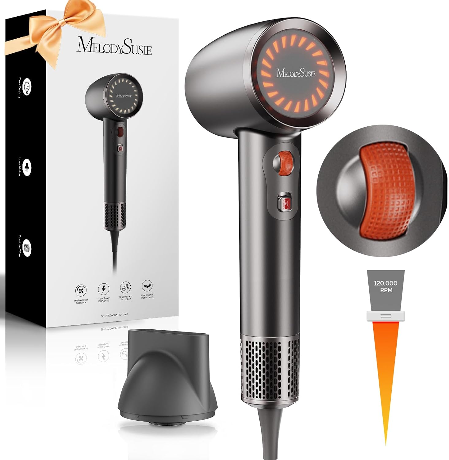 MelodySusie Hair Dryer, 1600W Professional Fast Drying Blow Dryer,120,000 RPM High Speed Ionic Hair Dryer,3 Temps & Stepless Speed Low Noise Damage Free Hair with Thermo-Control,Black