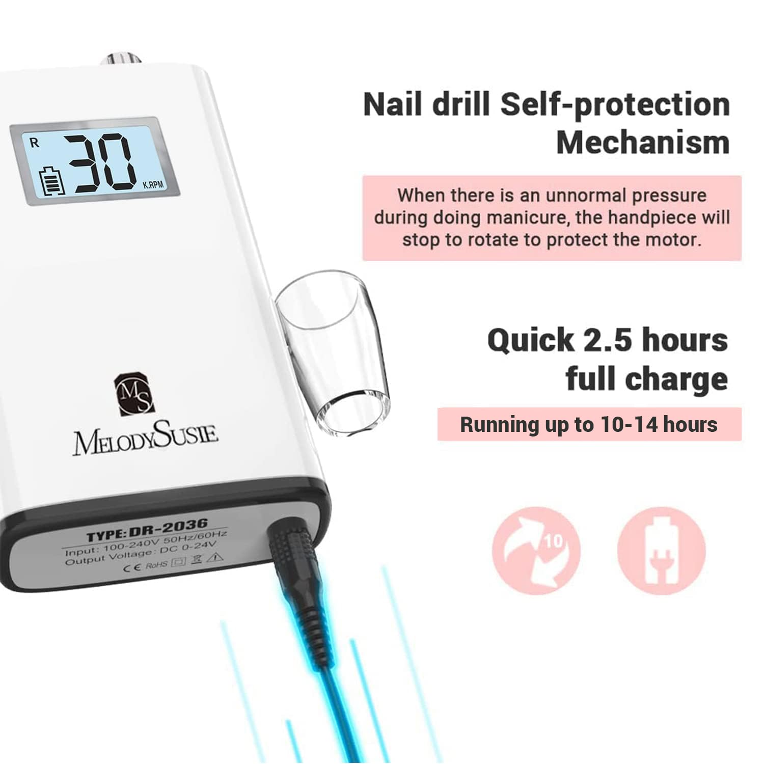 MelodySusie Professional Rechargeable 30000 rpm Nail Drill,SC320H Portable Electric E File Scamander, Acrylic Gel Grinder Tools with 6 Bits and Sanding Bands for Manicure Pedicure Carve Polish (White) - Image 3