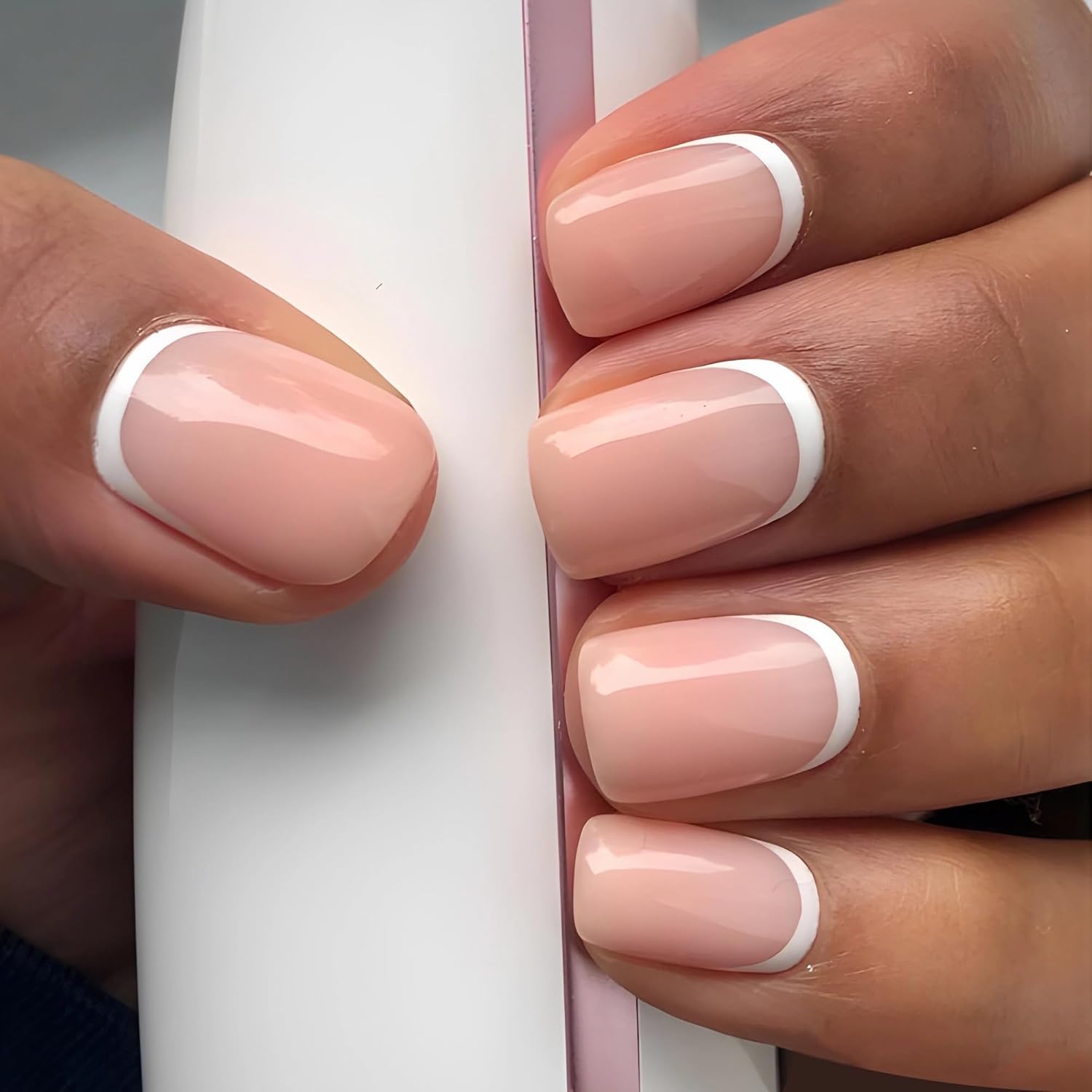 MERVF Square Press on Nails Medium Fake Nails Press ons White French Tip Glue on Nails Squoval Acrylic False Nails with Reverse French Design Glossy 24pcs