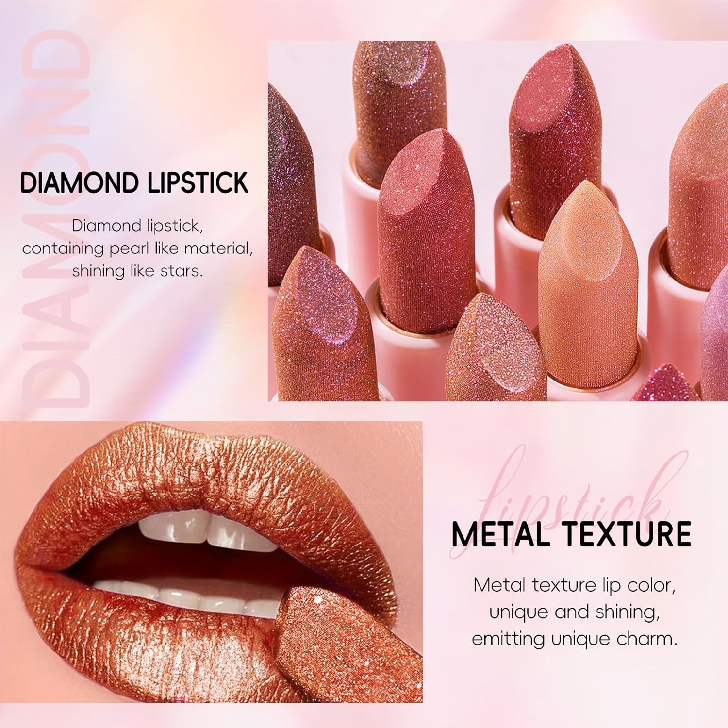 Metallic Coral Orange Lipstick Long Lasting, High Shine Glitter Diamond Creamy Lipstick Transfer Proof, Shimmer High Impact Lip Color Full Coverage Non Stick Cup Lightweight Lip Makeup#5 - Image 3