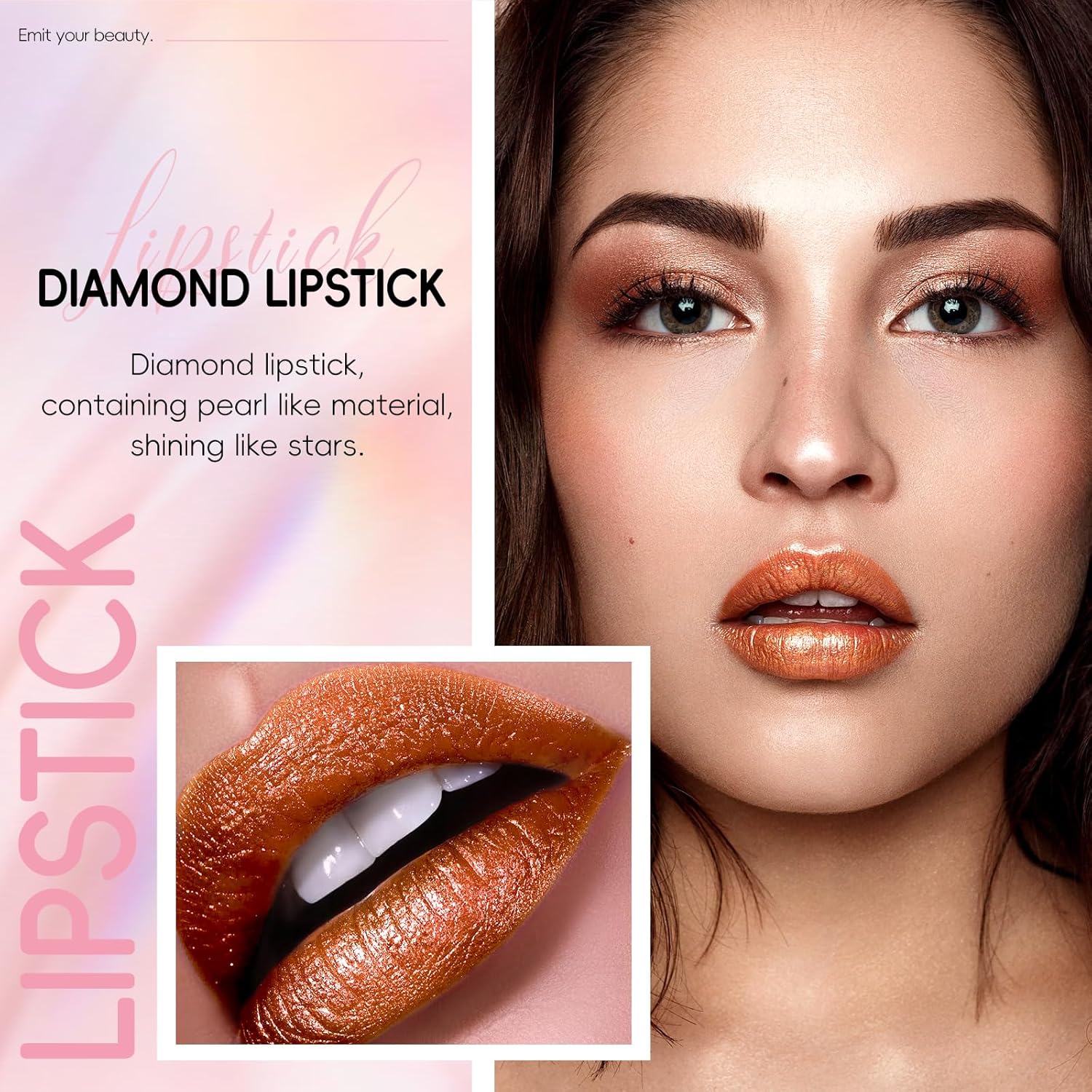 Metallic Coral Orange Lipstick Long Lasting, High Shine Glitter Diamond Creamy Lipstick Transfer Proof, Shimmer High Impact Lip Color Full Coverage Non Stick Cup Lightweight Lip Makeup#5 - Image 2