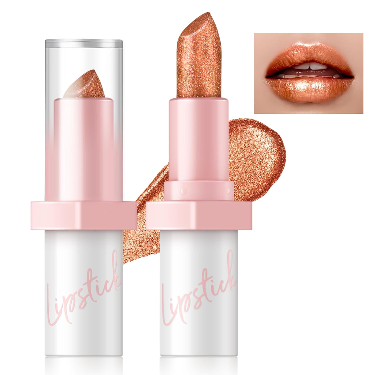 Metallic Coral Orange Lipstick Long Lasting, High Shine Glitter Diamond Creamy Lipstick Transfer Proof, Shimmer High Impact Lip Color Full Coverage Non Stick Cup Lightweight Lip Makeup#5