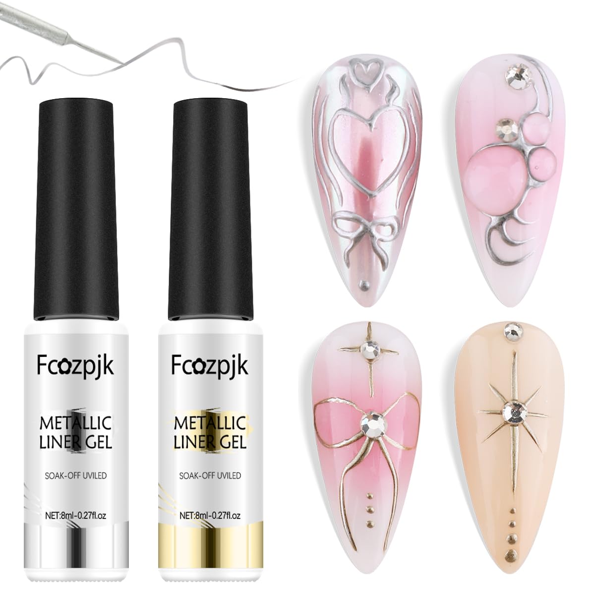 Metallic Gel Nail Polish 2PCS Chrome Gel Liner Nail Art Gold Silver Gel Polish 8ml Mirror Effect Painting Nail Gel with Build in Thin Brush Soak Off UV/LED Nail Polish Manicure Supplies