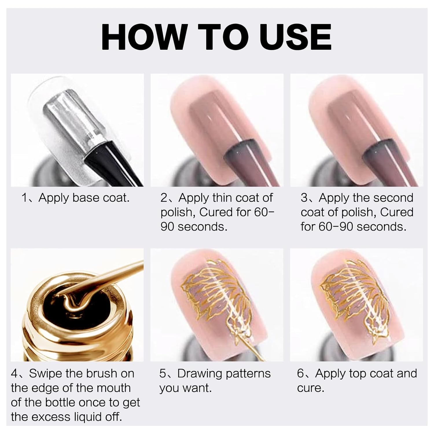 Metallic Mirror Painting Liner Gel Polish, Gold Metal Painted Drawing Gel with Build in Thin Brush, Mirror Chrome Gel Polish Nail Art Gel Liner Soak Off DIY Nail Art Manicure - Image 7
