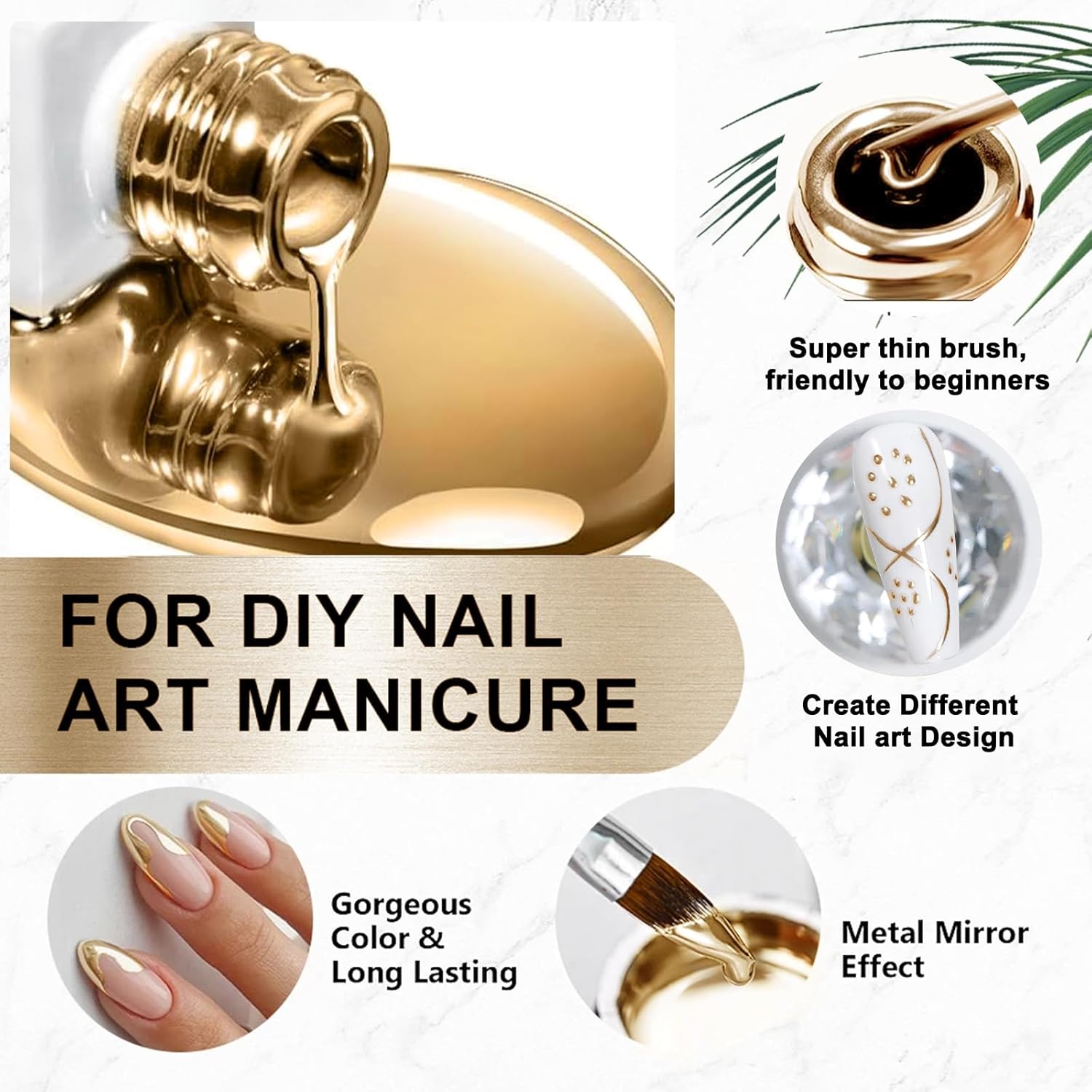 Metallic Mirror Painting Liner Gel Polish, Gold Metal Painted Drawing Gel with Build in Thin Brush, Mirror Chrome Gel Polish Nail Art Gel Liner Soak Off DIY Nail Art Manicure - Image 6