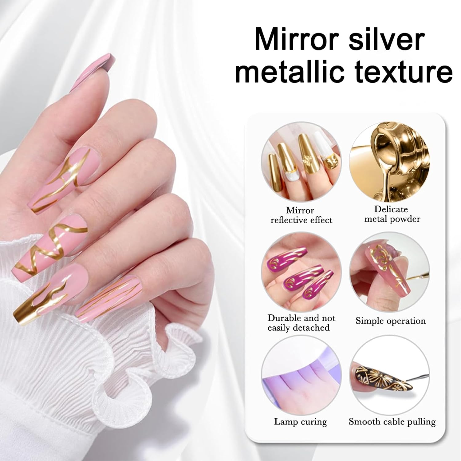 Metallic Mirror Painting Liner Gel Polish, Gold Metal Painted Drawing Gel with Build in Thin Brush, Mirror Chrome Gel Polish Nail Art Gel Liner Soak Off DIY Nail Art Manicure - Image 5